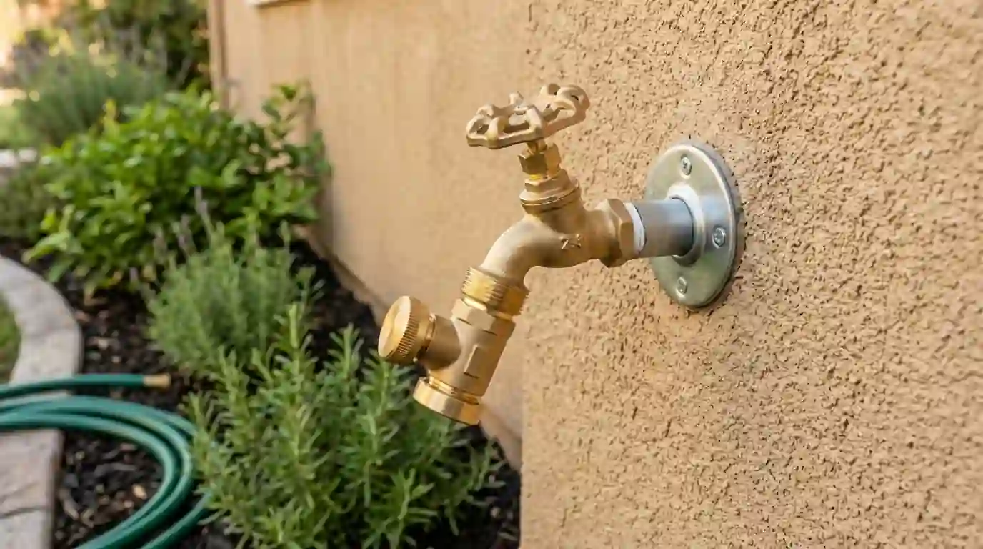 New brass hose bib with vacuum breaker mounted on a Sacramento stucco wall beside a garden bed