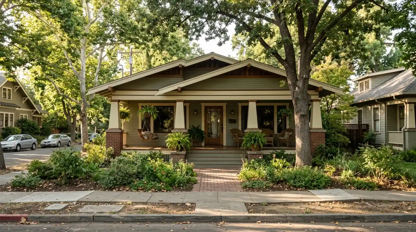 Restored early 1900s bungalow with a deep porch on an Oak Park street in Sacramento