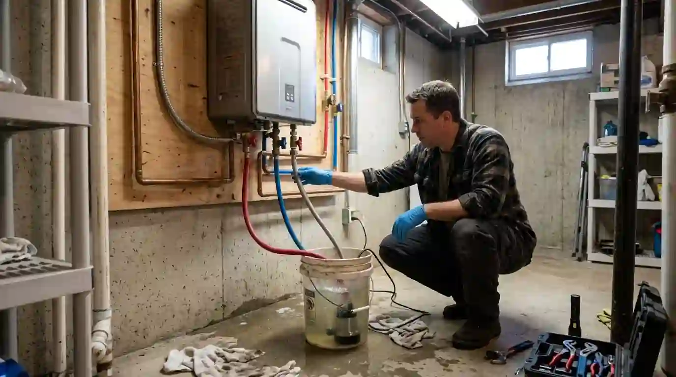 Plumber descaling a tankless water heater with a flush pump and hoses on isolation valves
