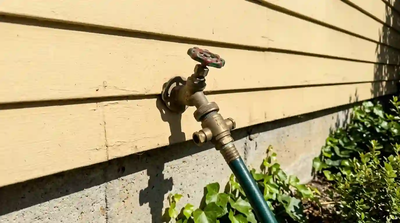 Hose bib with a garden hose and vacuum breaker on a sunny wall