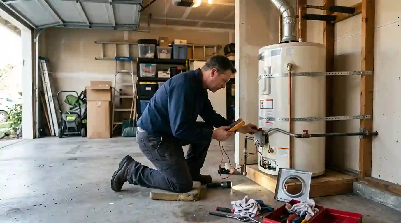Plumber testing the gas control and burner on a 50 gallon water heater in a Sacramento garage