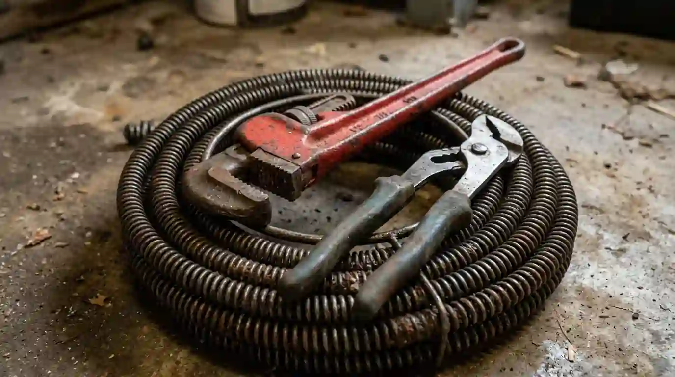 Pipe wrench and adjustable pliers resting on a coiled drain cable