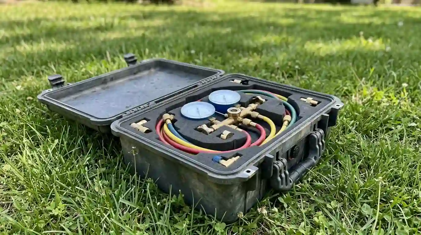 Backflow tester gauge kit in its case on a lawn