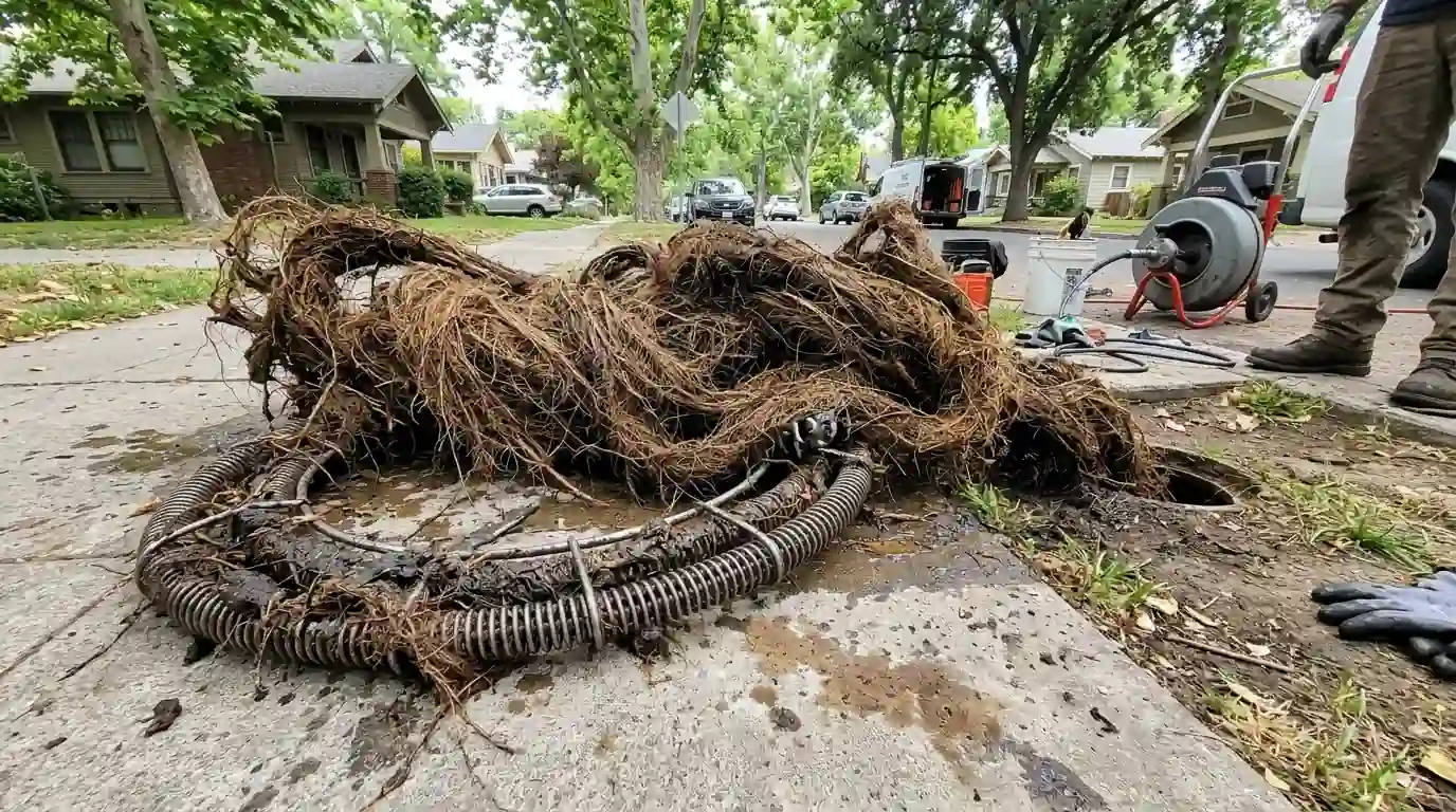 Mass of fine tree roots pulled from a sewer line on a cutting cable beside a Sacramento sidewalk