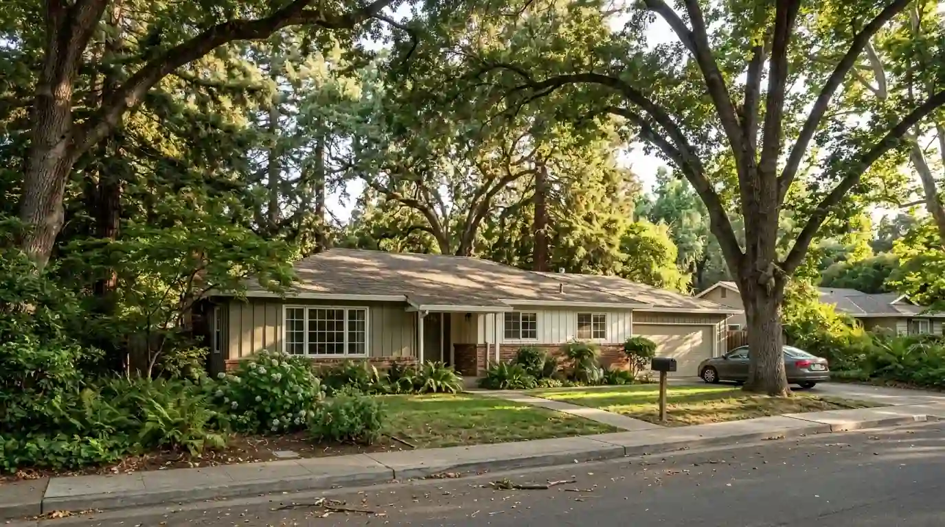 Ranch home under tall trees in River Park Sacramento near the American River