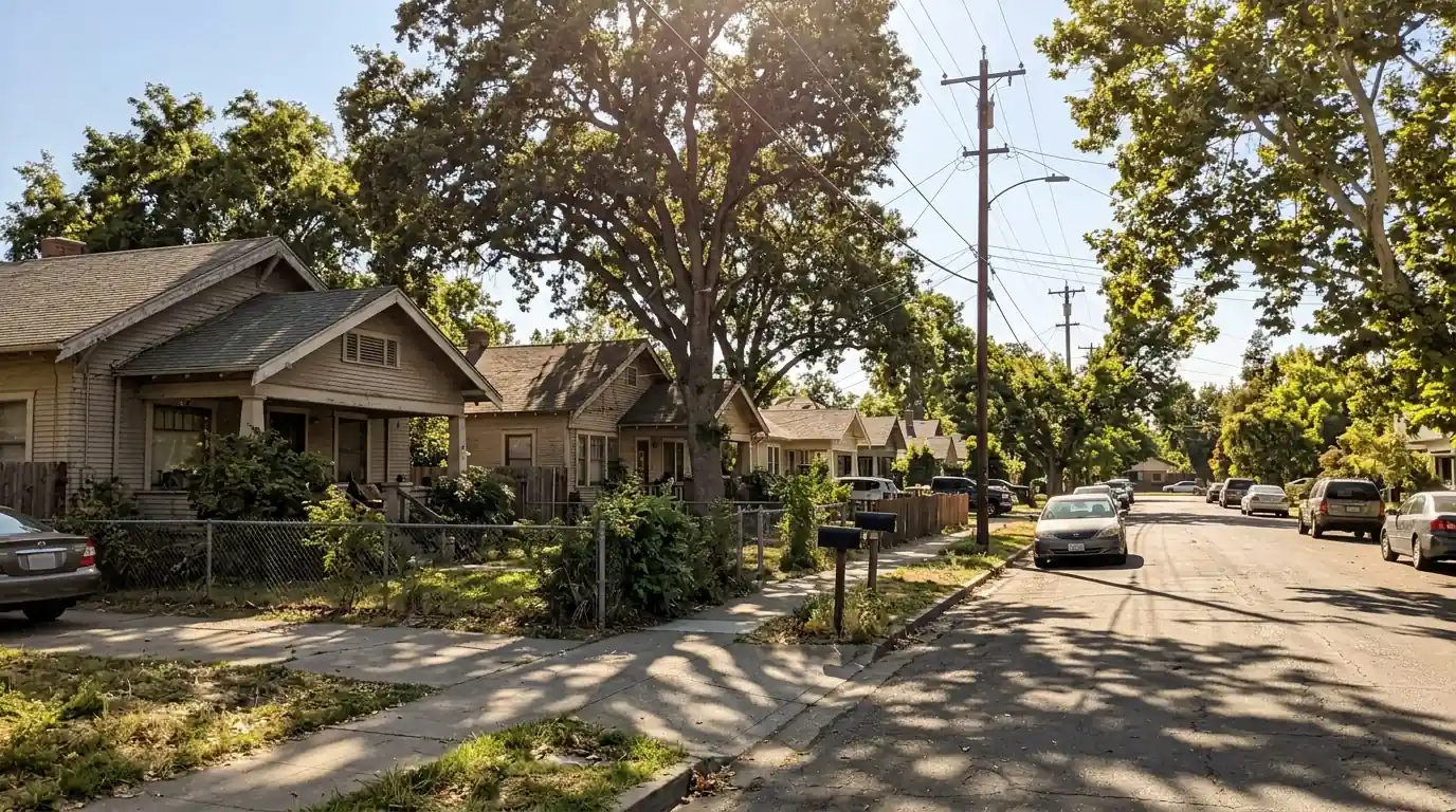 Older homes and trees near Del Paso Boulevard in North Sacramento on a sunny afternoon