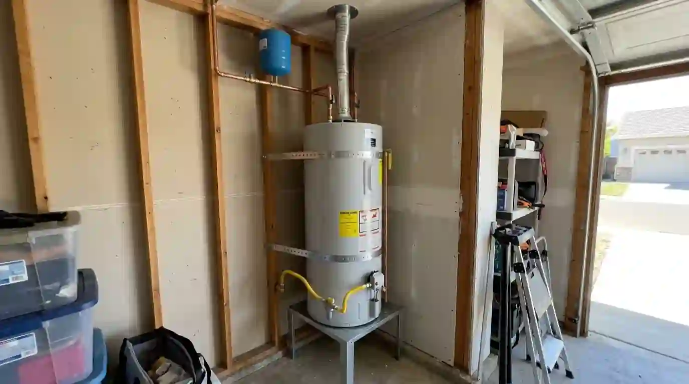 Newly installed gas water heater with seismic straps and expansion tank in a Sacramento garage