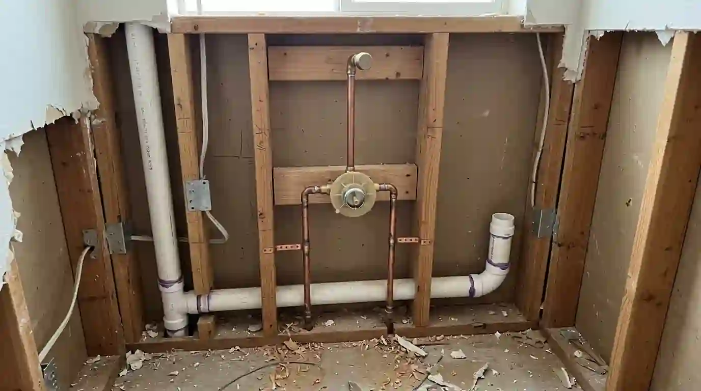 Rough in plumbing with new shower valve and drain lines in an opened bathroom wall during a Sacramento remodel