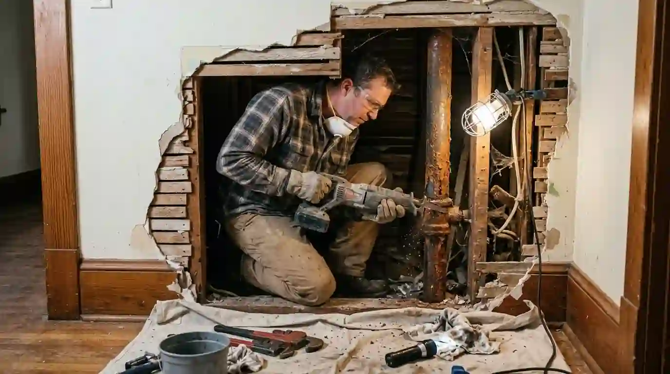 Plumber cutting out a rusted galvanized pipe section behind an opened wall in an older Sacramento bungalow