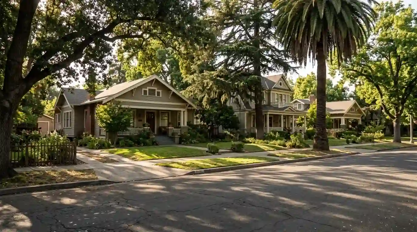 Sacramento neighborhood street with tall shade trees and older homes in afternoon light