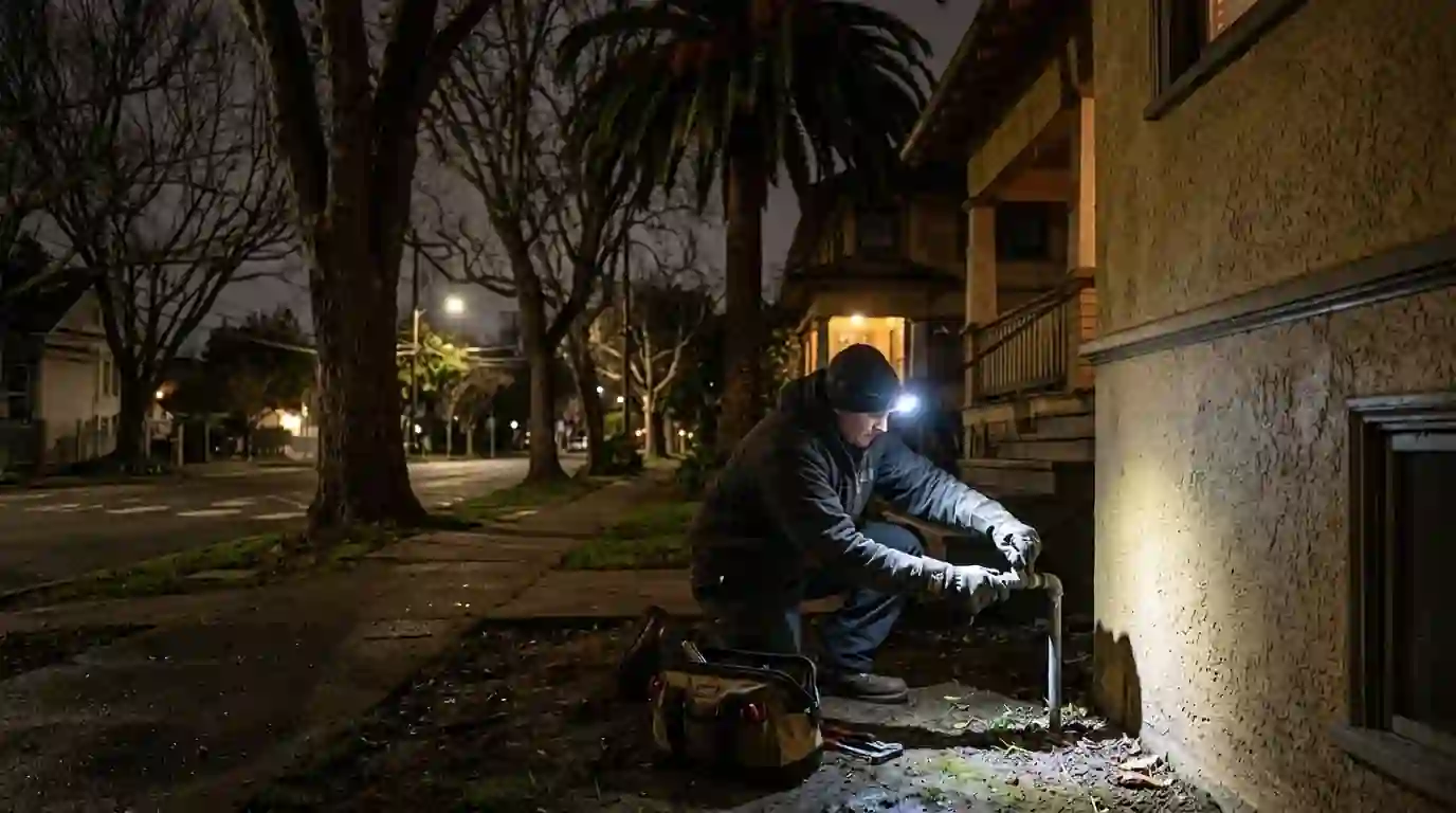 Plumber with headlamp shutting off a main water valve beside a Sacramento stucco home at night