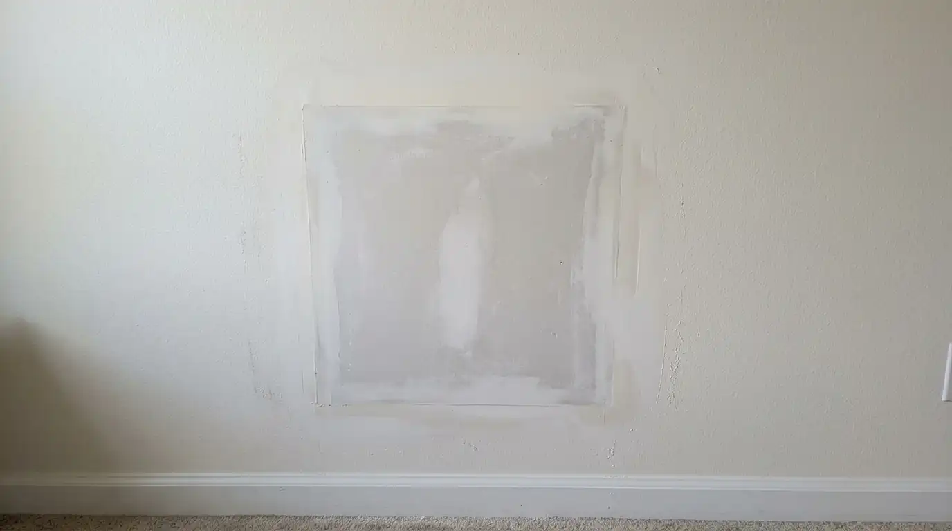 Neatly patched drywall square after a pipe repair ready for paint