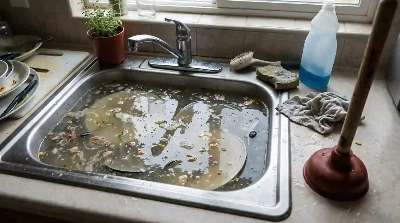Kitchen sink full of water draining slowly with a plunger nearby