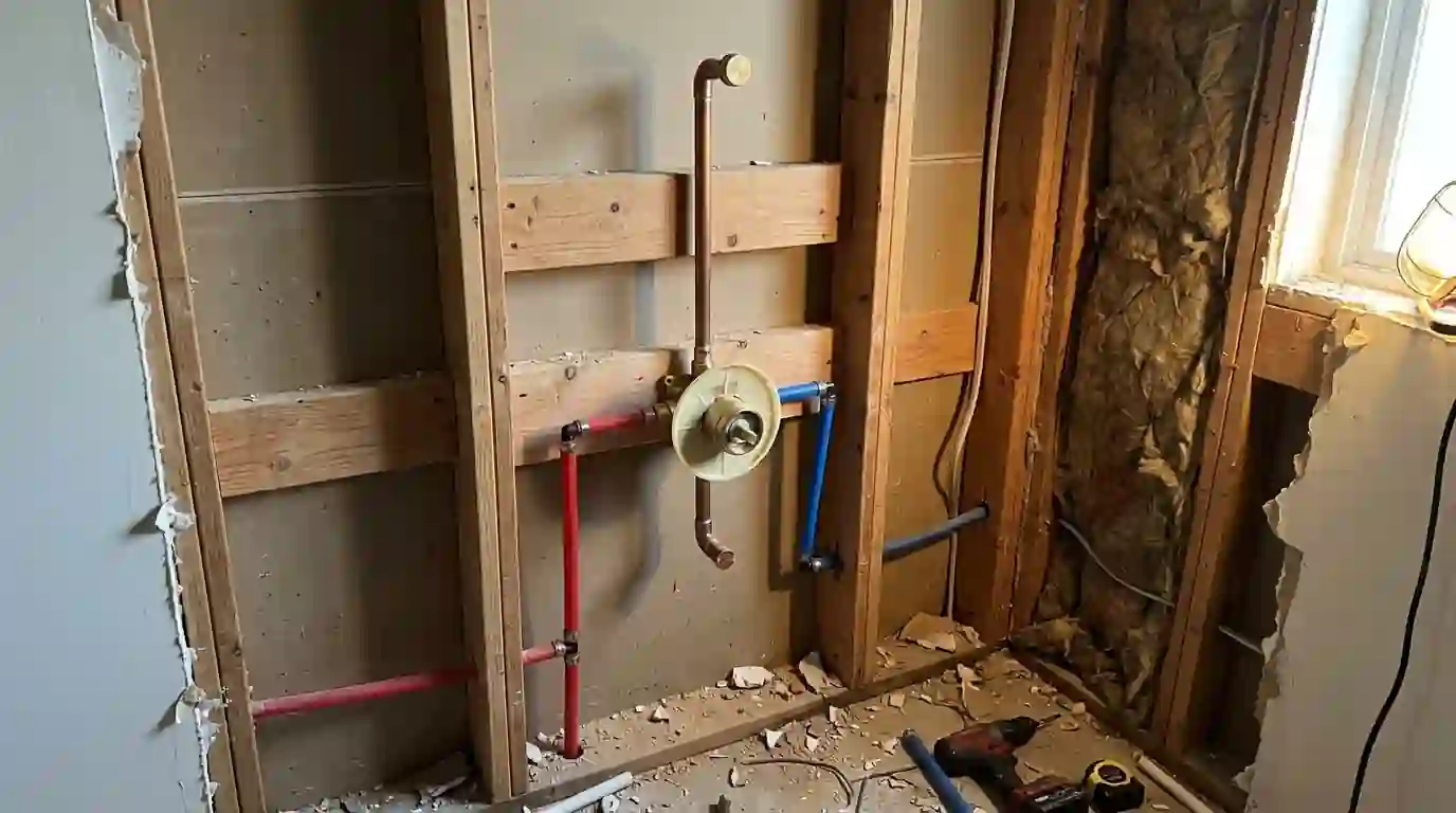 Bathroom remodel with open studs and new shower valve rough in