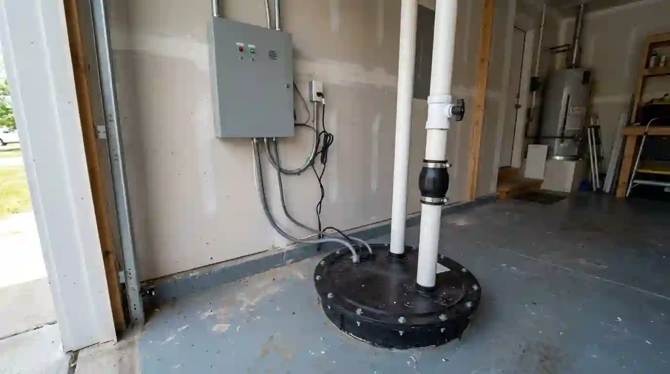 Sewer ejector pump basin with check valve and alarm panel installed in a converted garage