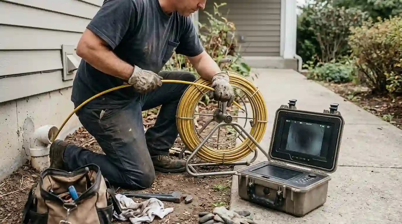 Plumber feeding a camera push rod into a cleanout with a monitor nearby