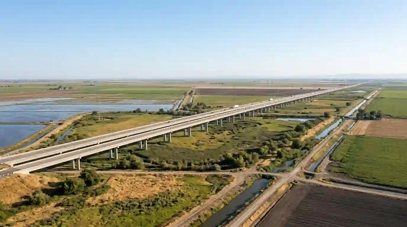 Yolo Causeway with the farm fields of the bypass under a clear sky