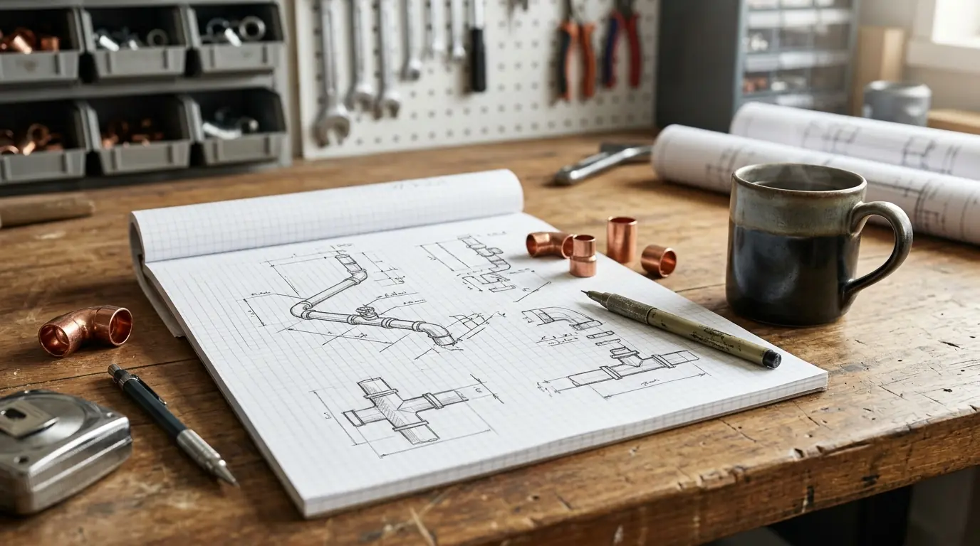 Plumber notebook with sketches of pipe layouts on a workbench beside a coffee mug