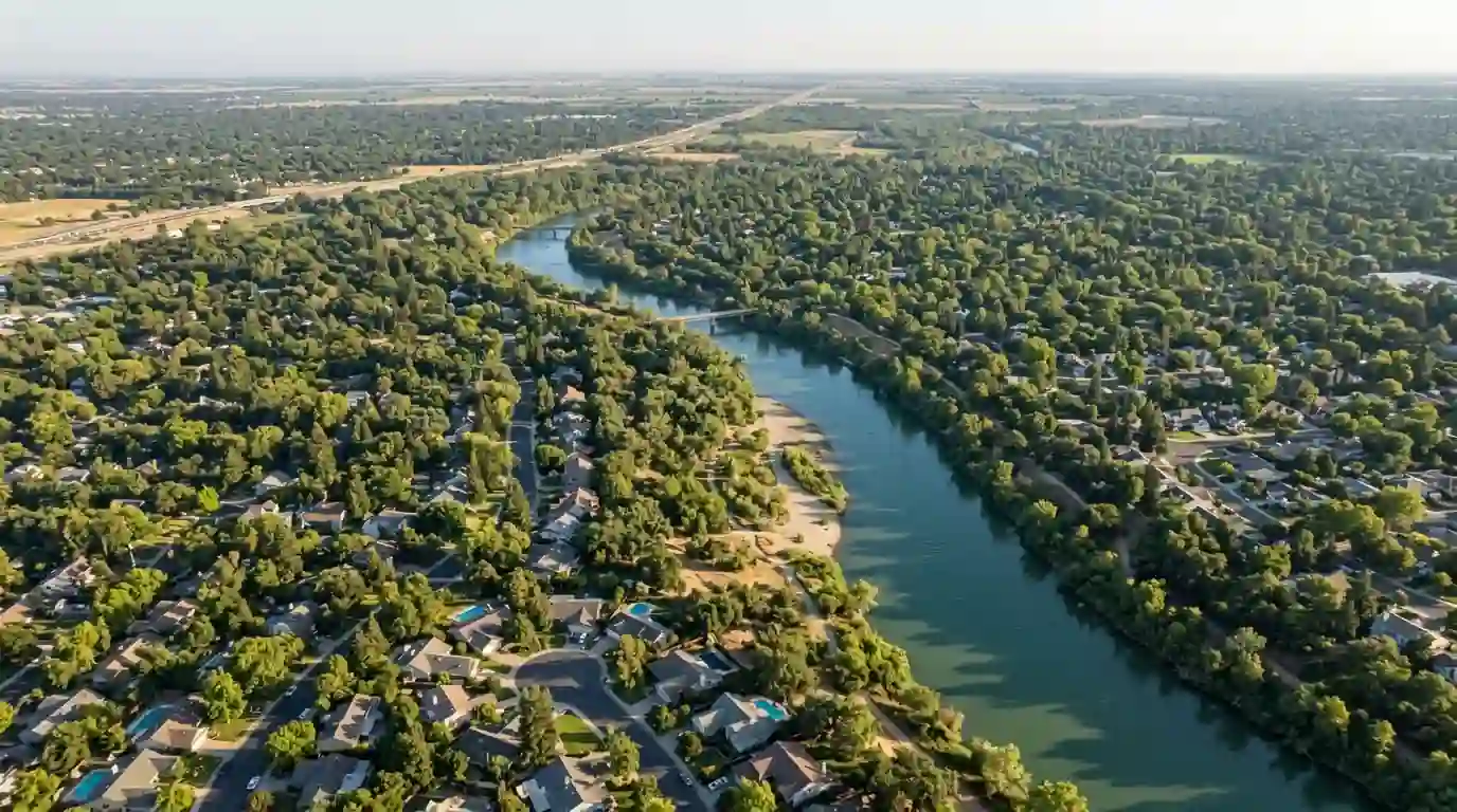 Aerial view of Sacramento County neighborhoods with the American River and tree canopy