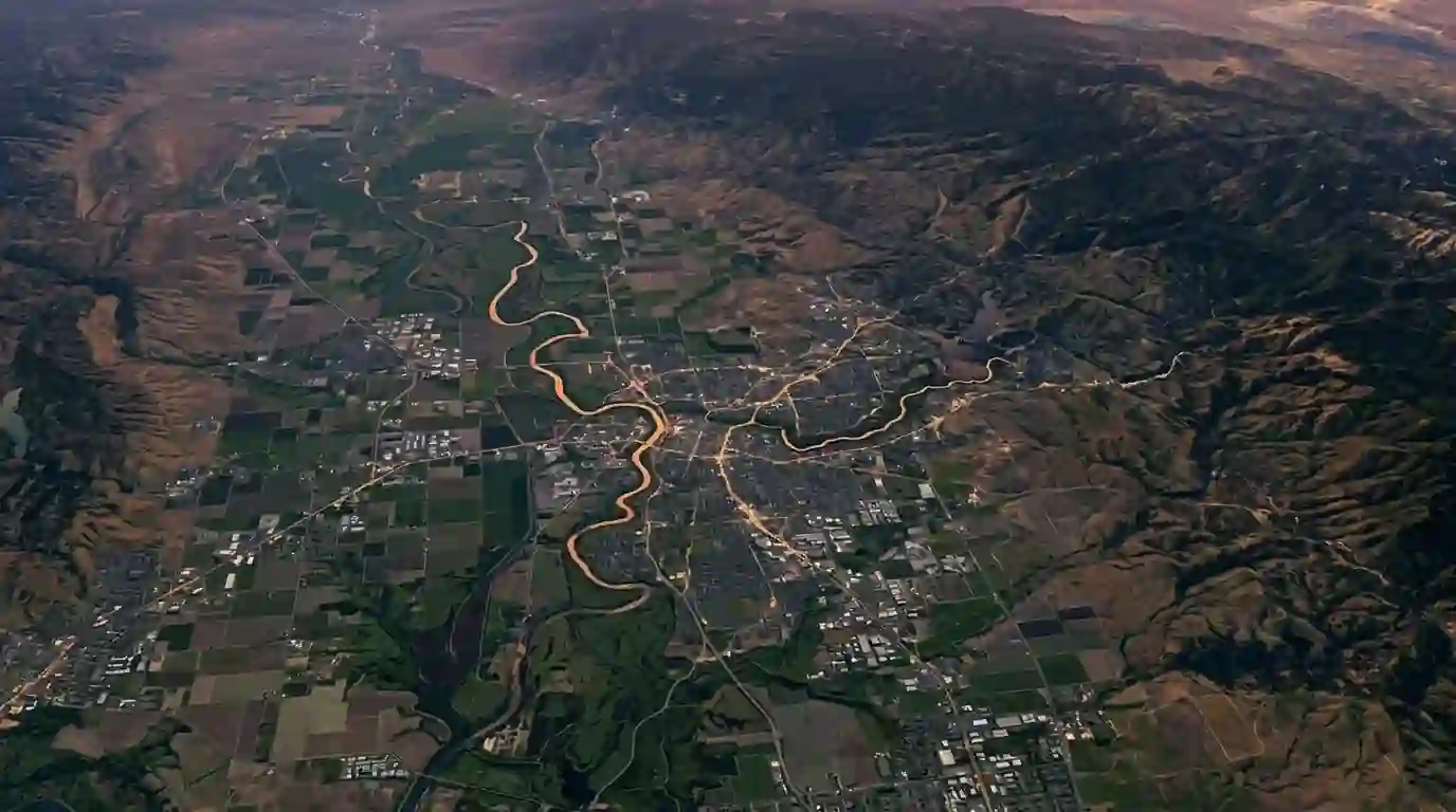Map style view of the Sacramento region with rivers and surrounding foothills at dusk