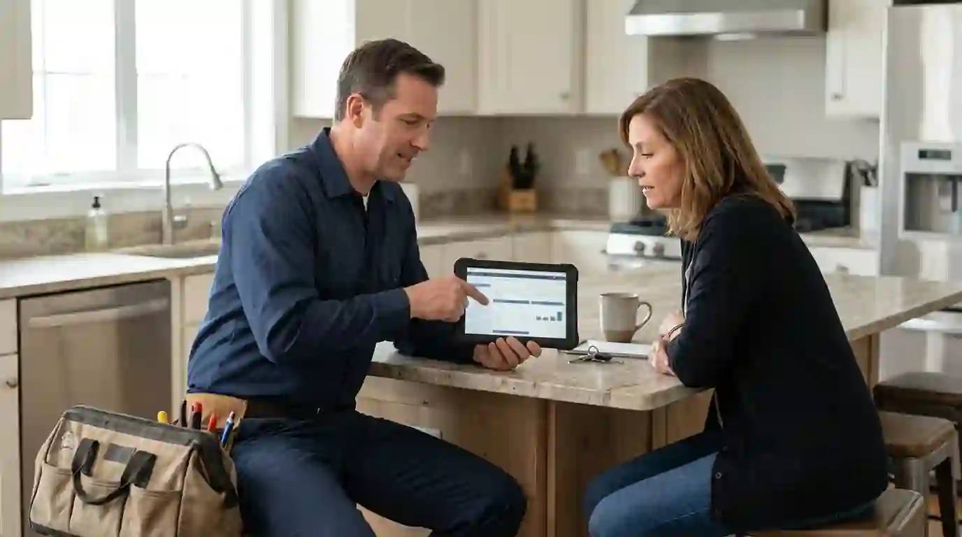 Plumber explaining a repair estimate on a tablet to a homeowner at a kitchen island