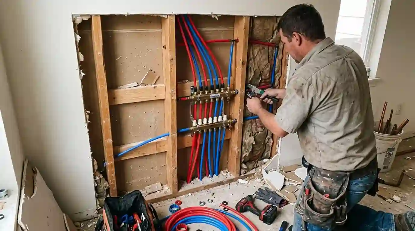 New PEX supply lines with manifold being installed through an open wall during a Sacramento home repipe