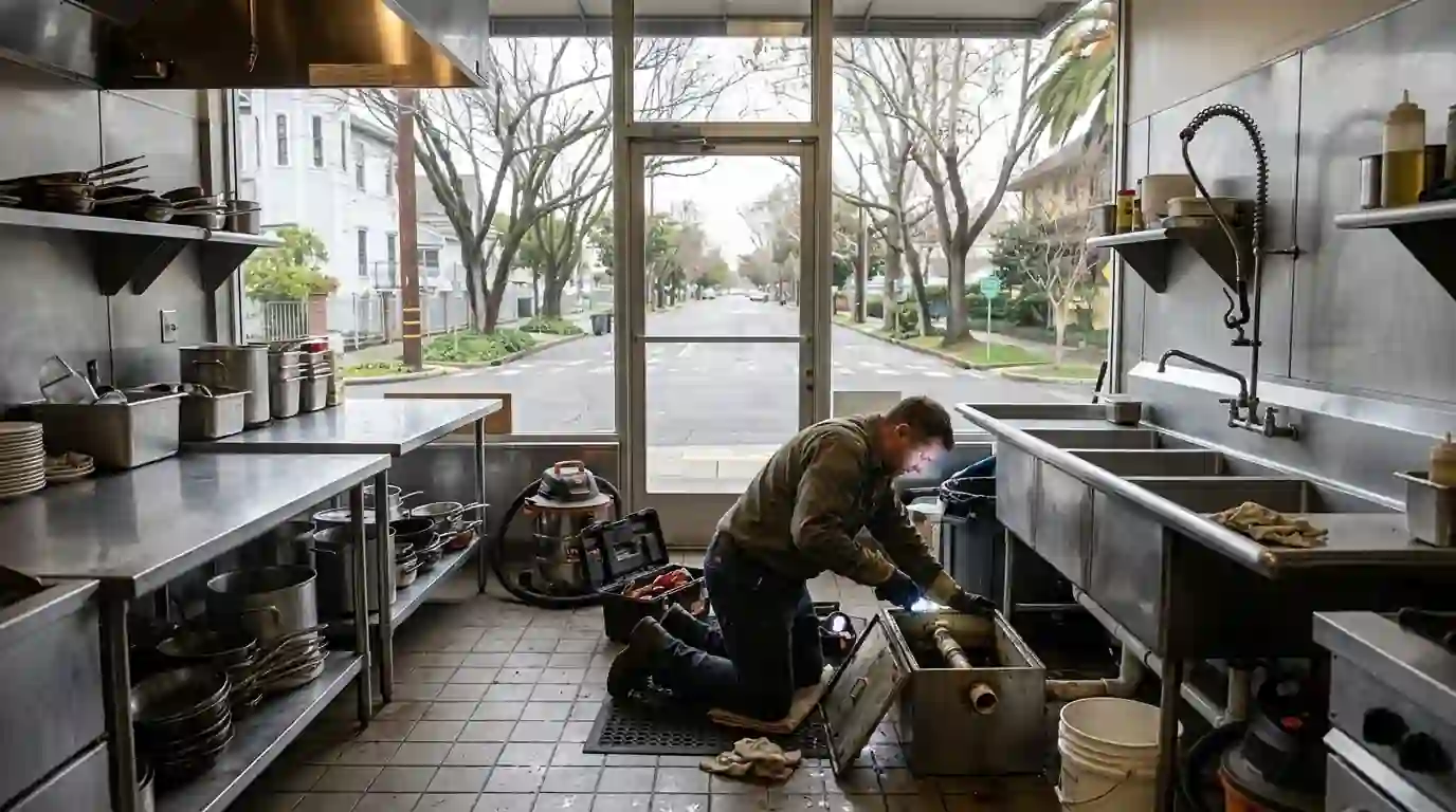Plumber cleaning an under sink grease interceptor in a stainless restaurant kitchen in Sacramento