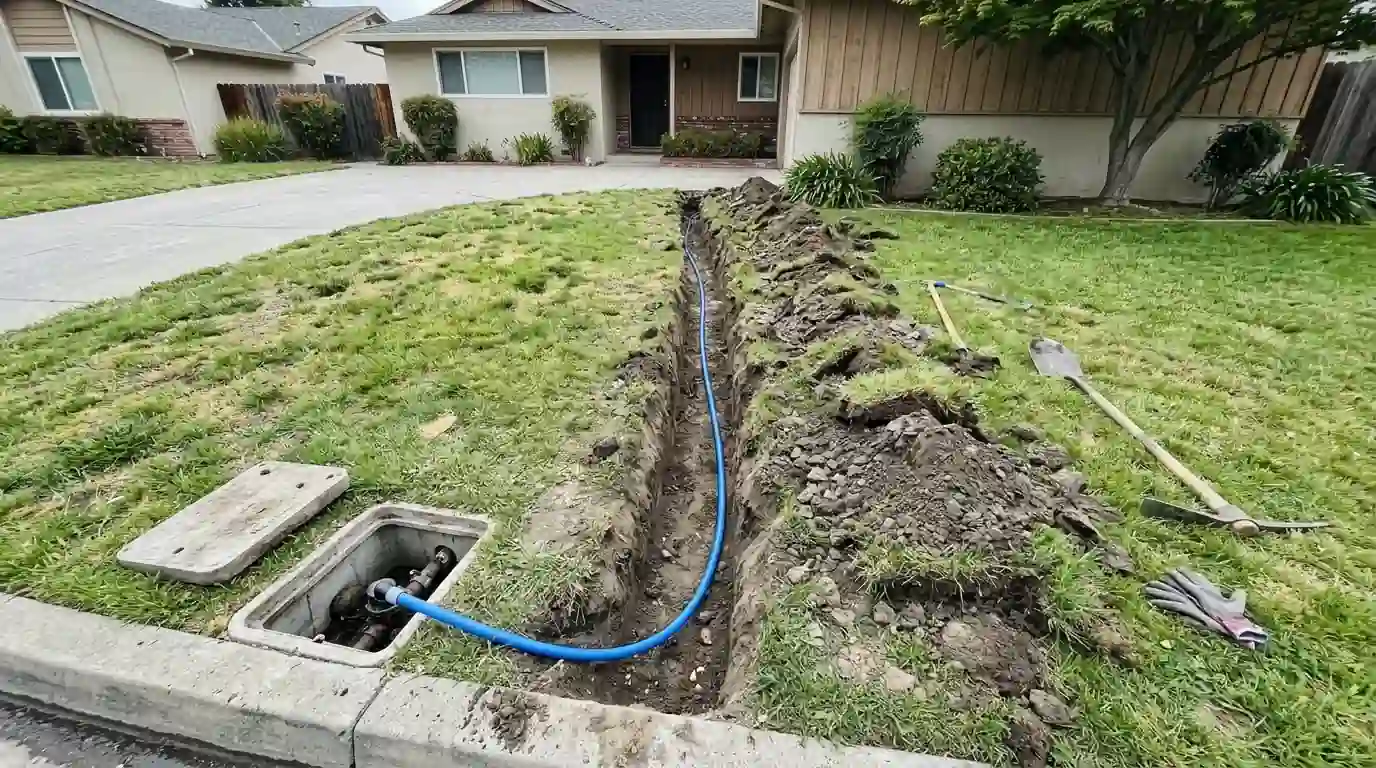 Trench from a curbside water meter to a Sacramento house with new blue polyethylene water line