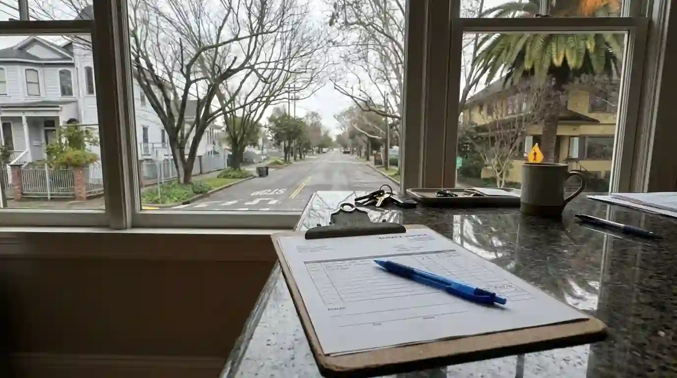 Service invoice and a pen on a clipboard on a kitchen counter