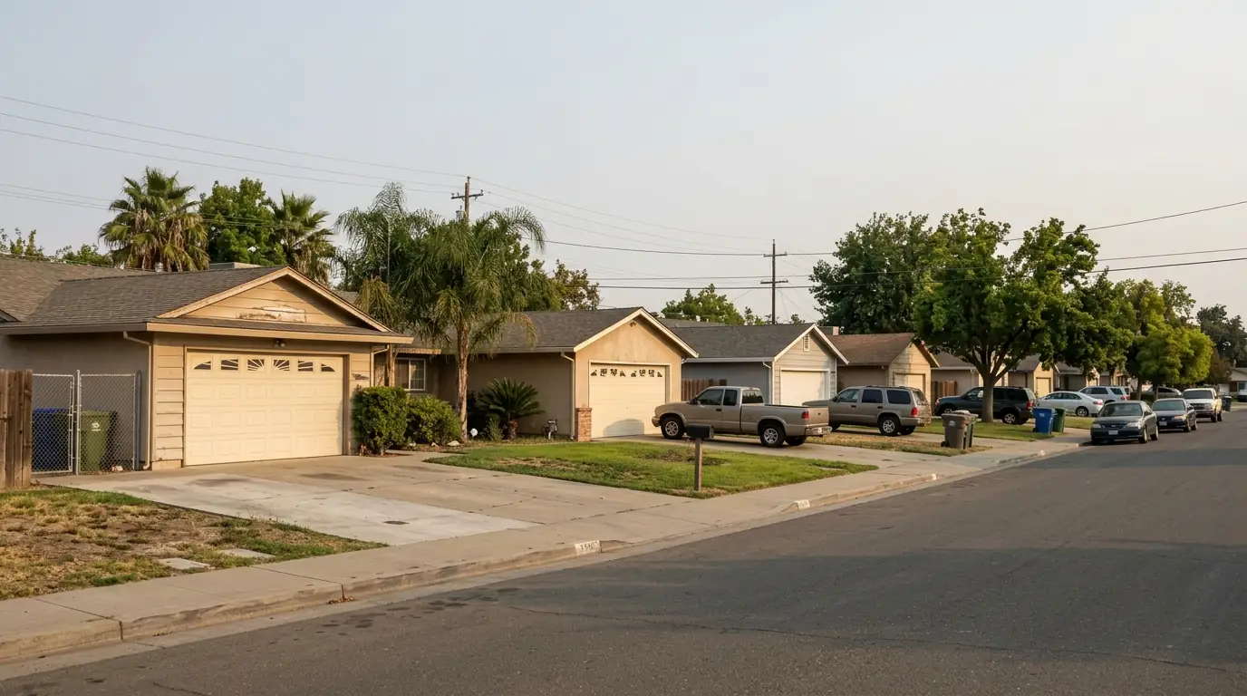 Single story family homes with garages along a street in Valley Hi south Sacramento