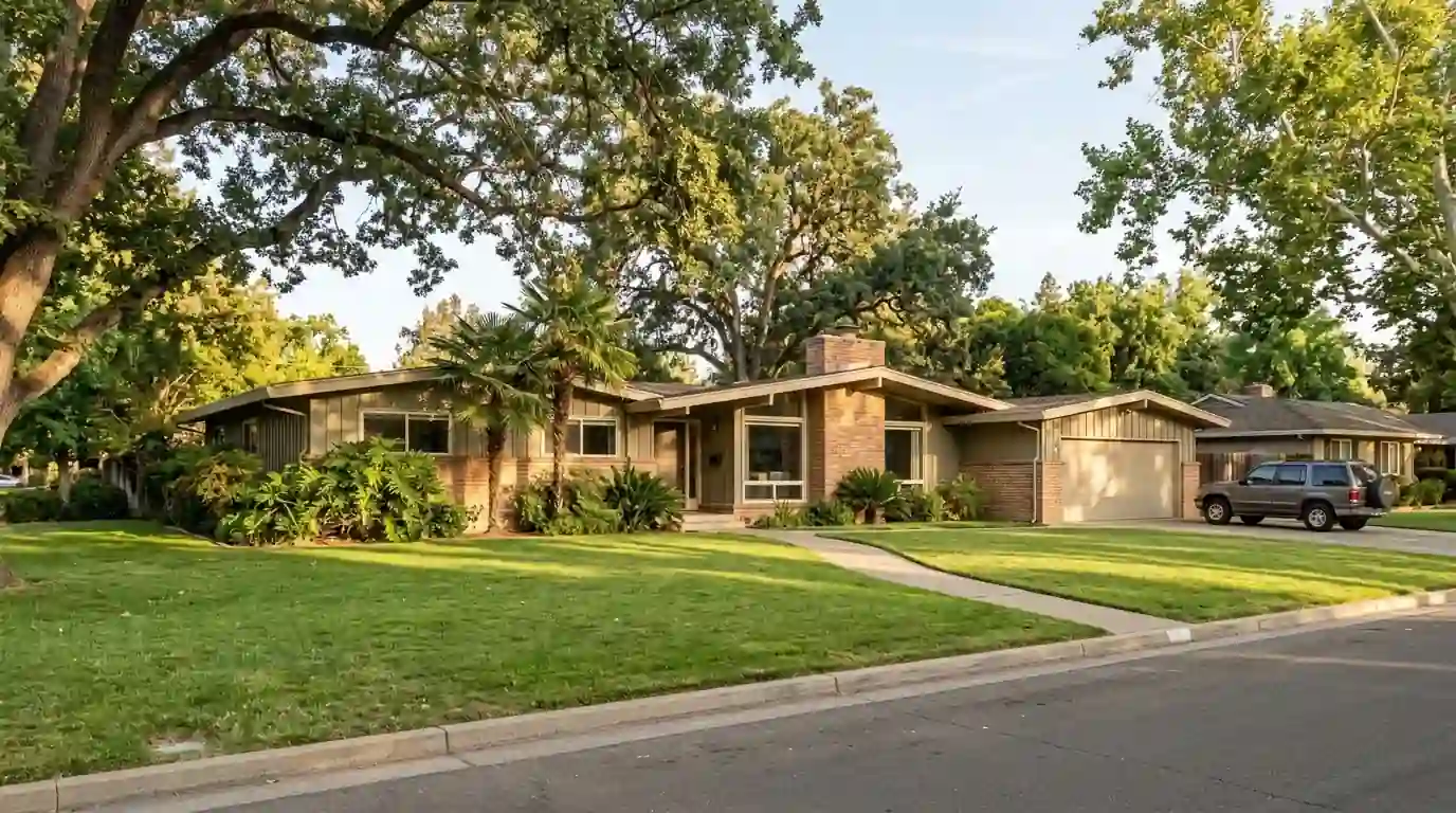 Mid century ranch home with a wide lawn and mature trees in South Land Park Sacramento