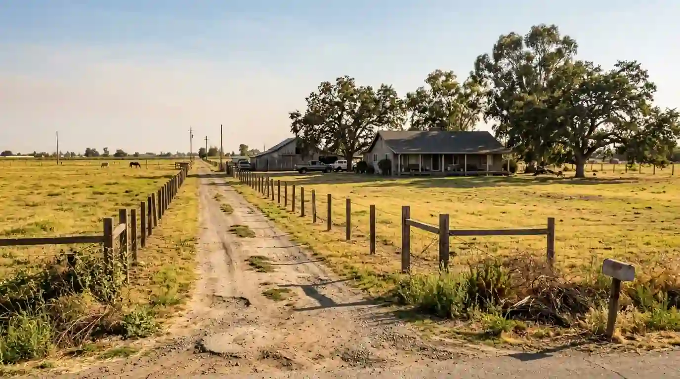 Rural home with a long driveway and pasture fence in Rio Linda California