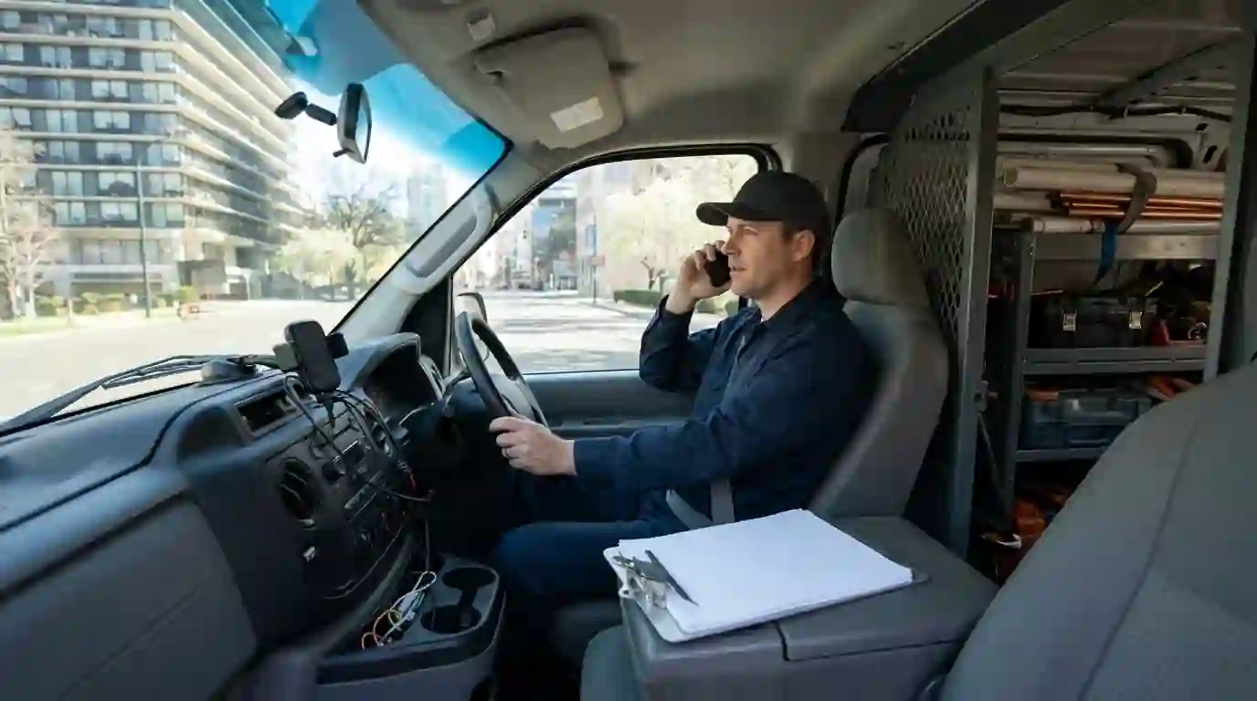 Plumber on a phone call in a service van cab with a clipboard on a Sacramento street