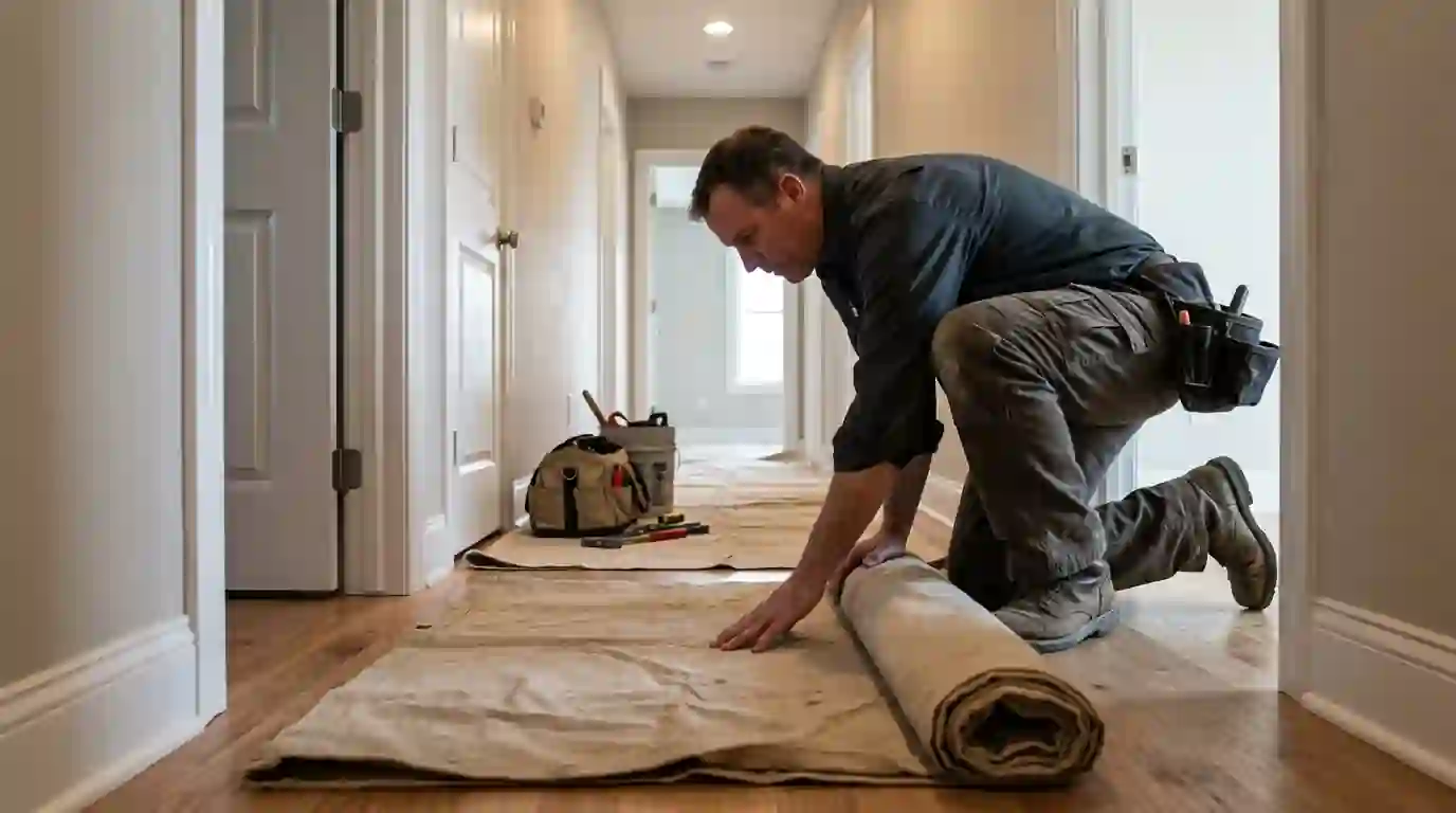 Plumber laying a protective drop cloth along a hallway floor
