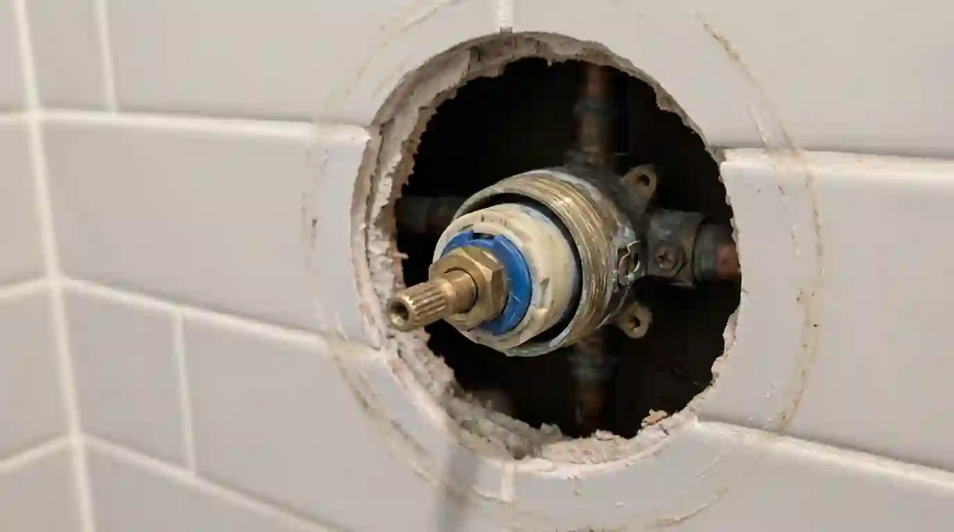 Shower valve trim removed showing the cartridge inside a tiled wall