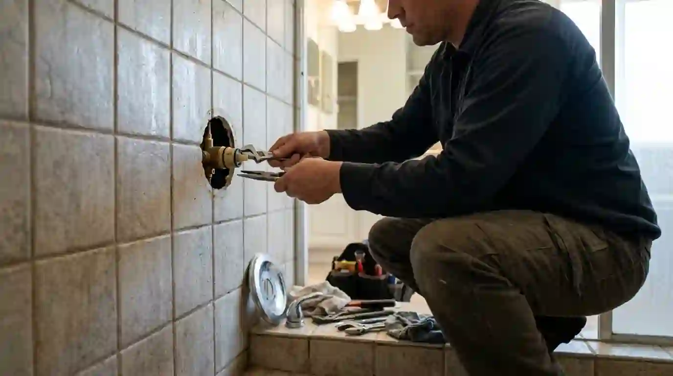 Plumber replacing a pressure balance cartridge in a tiled Sacramento shower with the trim removed