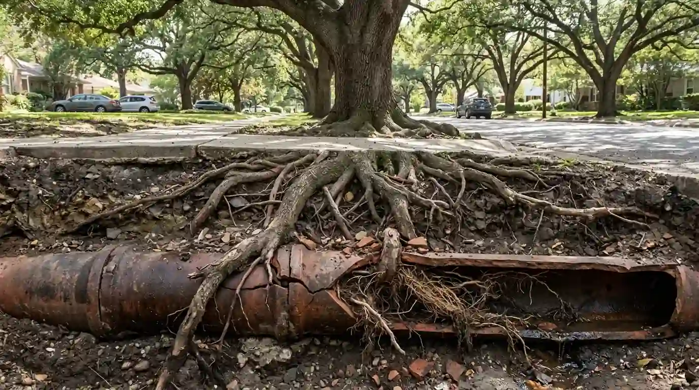 Street lined with large mature trees above a cutaway view of roots entering a clay sewer pipe