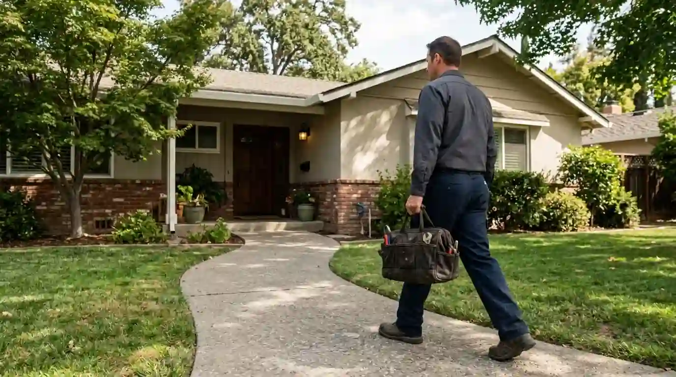 John Plumbing plumber with a tool bag walking up to a Sacramento ranch home front door