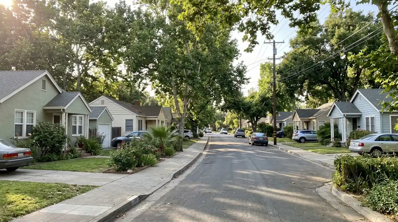 Postwar cottage homes along a quiet street near Tahoe Park in Sacramento