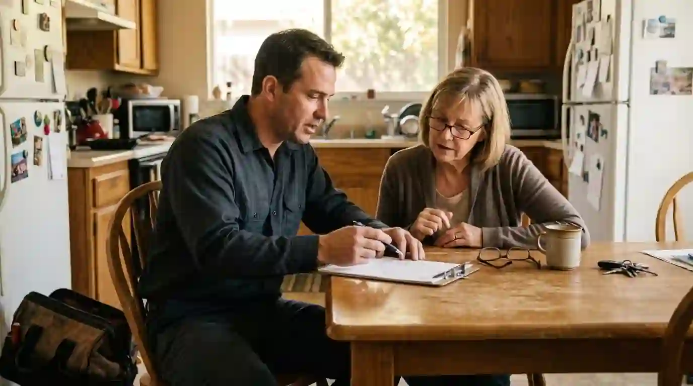 Plumber reviewing a written repair price with a homeowner at a Sacramento kitchen table