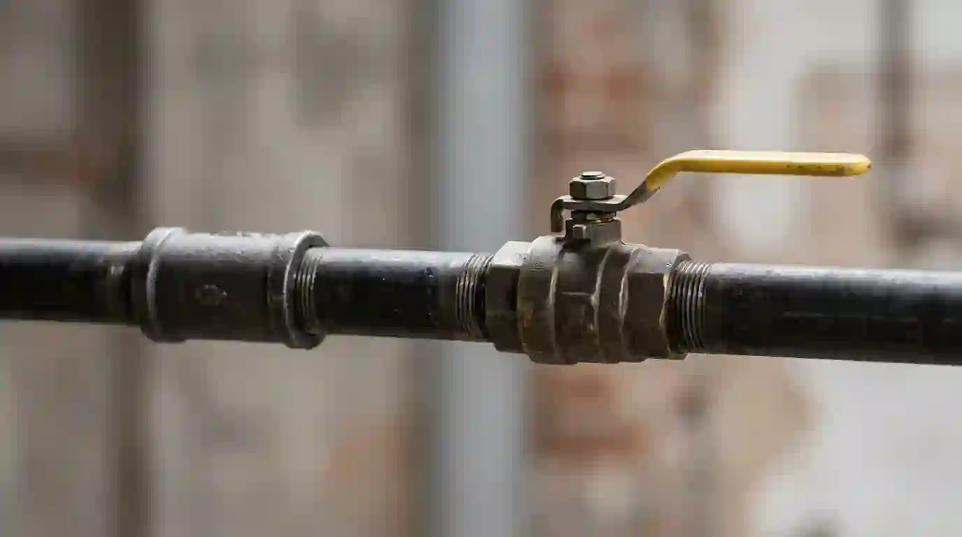 Black iron gas pipe with a shutoff valve and sediment trap behind a range