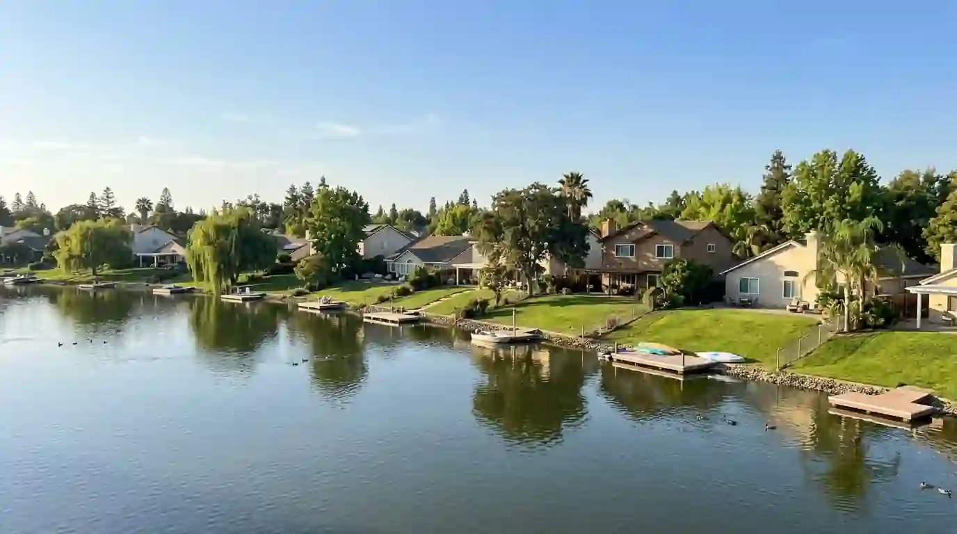 Homes and green lawns along Lake Greenhaven in Sacramento on a clear morning