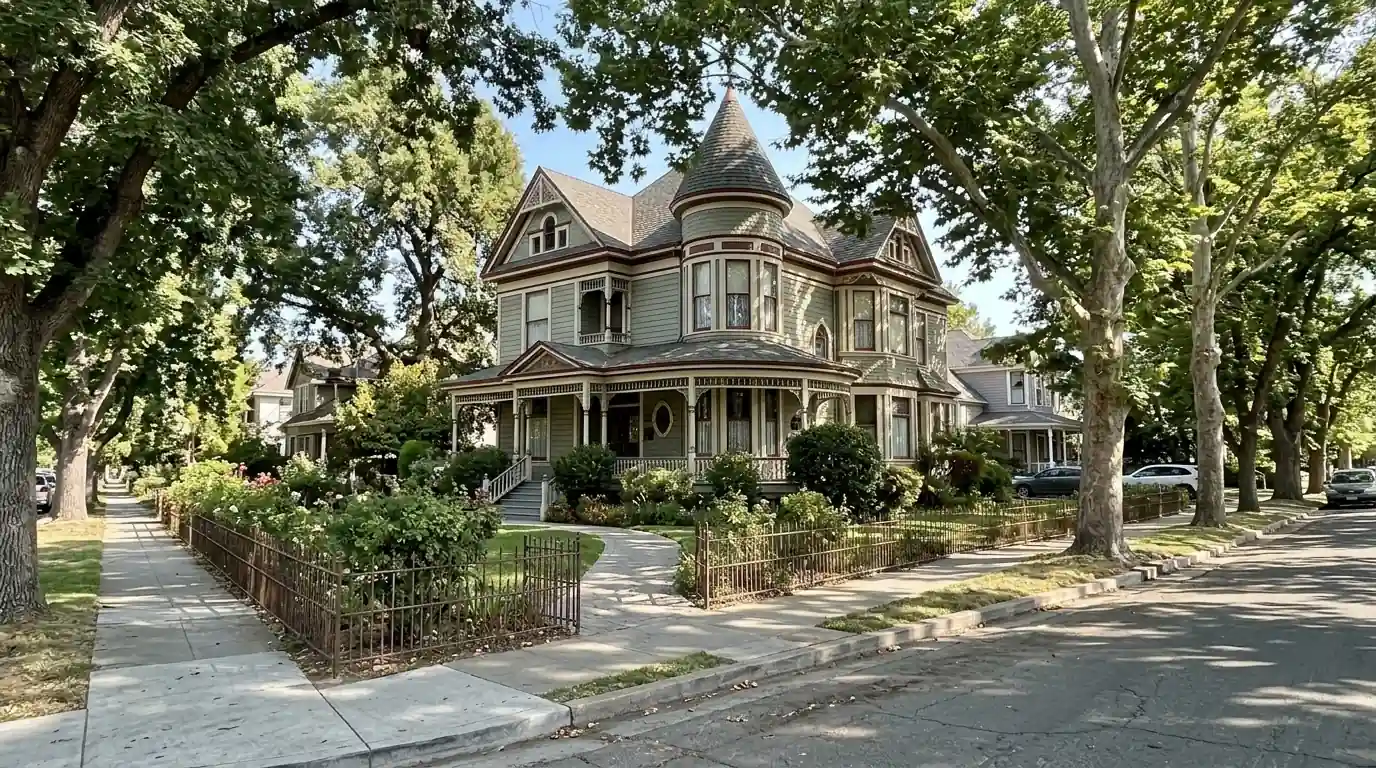 Victorian style home on a tree lined street in historic Woodland California