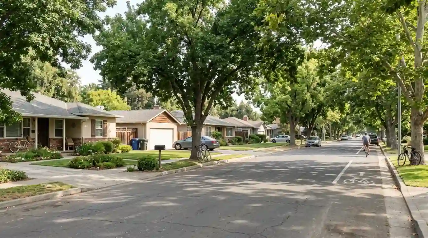Single story homes and bicycles on a quiet tree lined street in Davis California