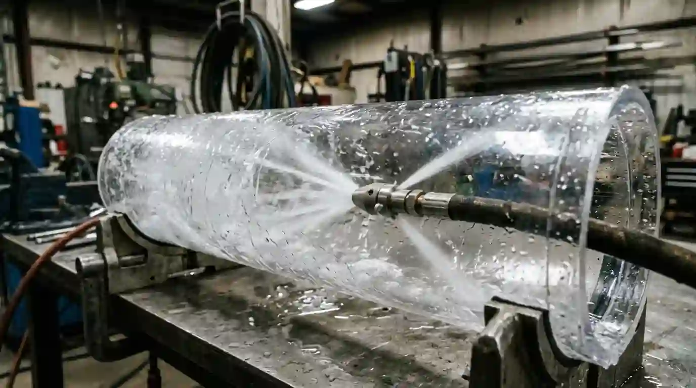 Hydro jetting nozzle spraying water inside a clear demonstration pipe