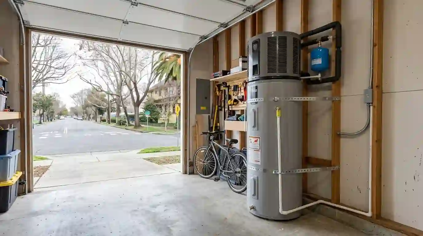 Heat pump water heater installed in a clean Sacramento garage with condensate line and seismic straps