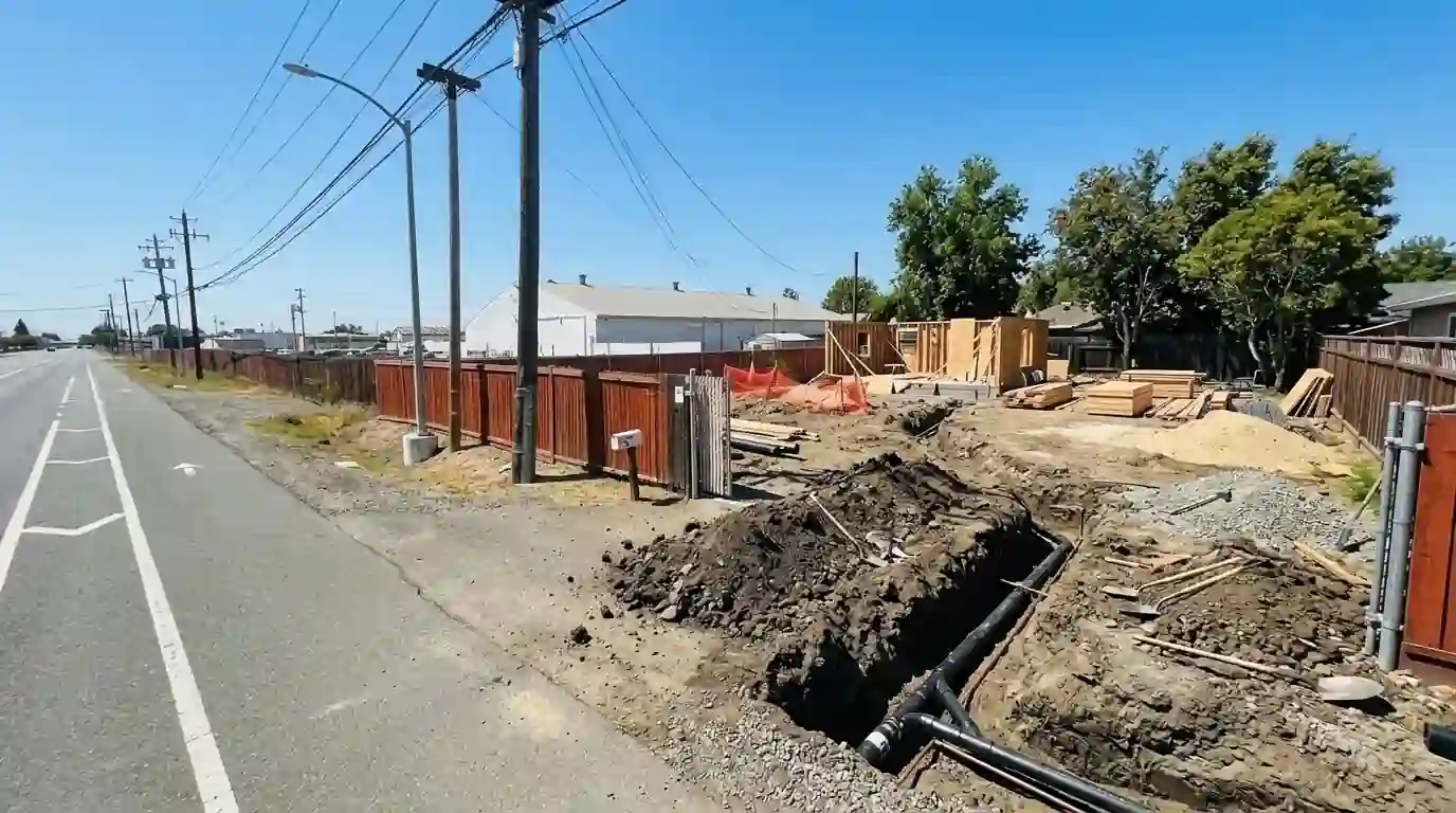 Underground sewer and water rough in trench for a new backyard ADU behind a Sacramento home