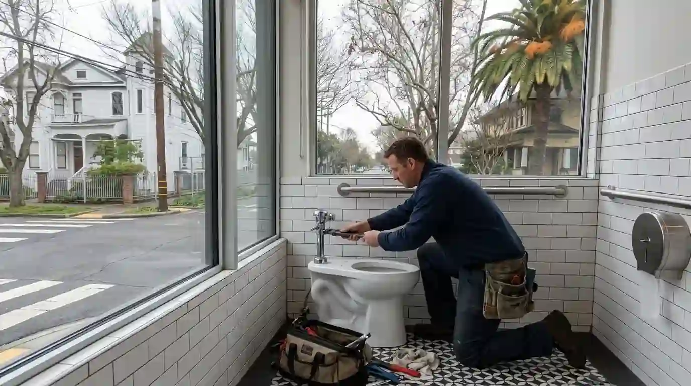 Plumber servicing a commercial flushometer in a clean restaurant restroom in Midtown Sacramento