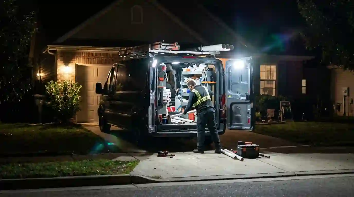 Night view of a plumbing van with work lights in a residential driveway