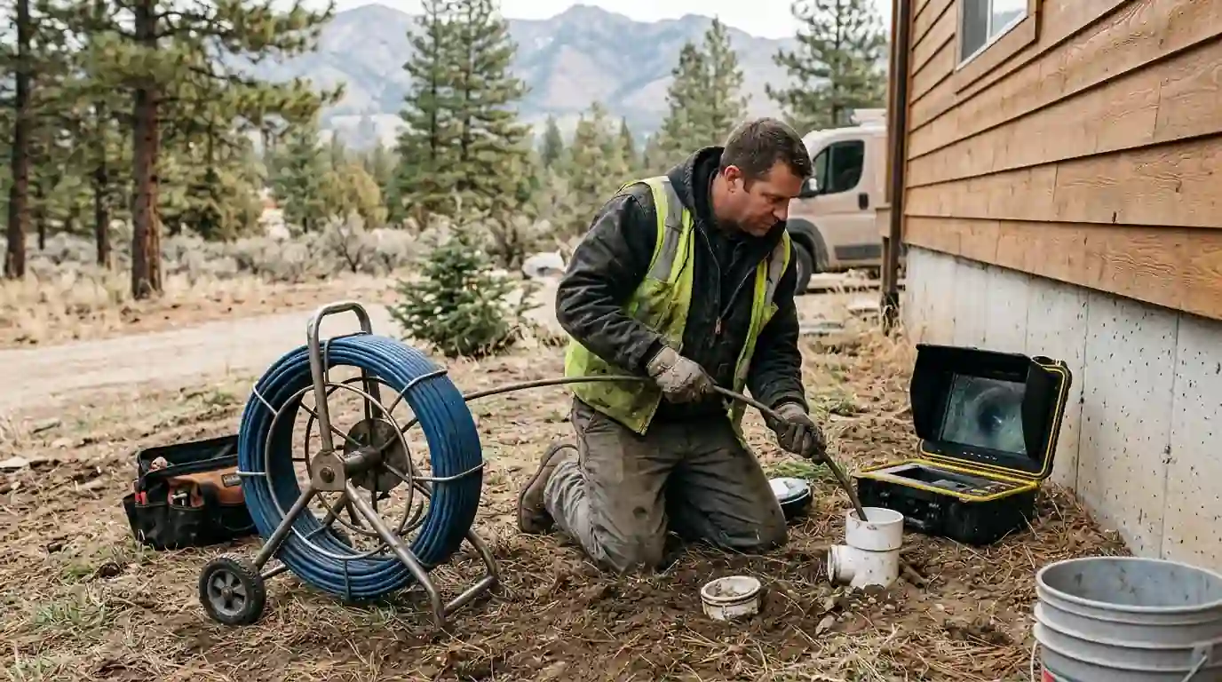 Plumber running a camera into a septic line cleanout beside a foothill home near Garden Valley